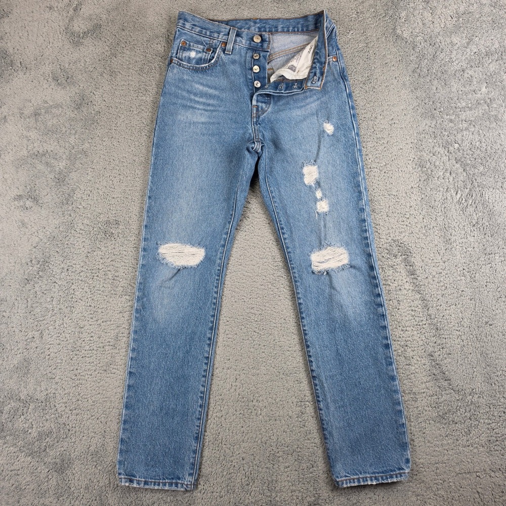 Levis 501 Premium Jeans Womens 24 Blue Distressed Button Fly Straight Leg Denim